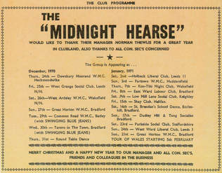 Tour schedule for Midnight Hearse (Keith Jowett, Trevor Jones, John Jowett, Paul Woodhead), including performances at Kon Tiki Night Club and Low Mill Lane social club, as well as performances with the Tremeloes and BBC Radio One's Tony Blackburn, host of Top of the Pops.
