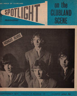 Midnight Hearse (Keith Jowett, Trevor Jones, John Jowett, Paul Woodhead) featured on the front of Spotlight on the Clubland Scene magazine.