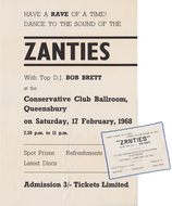 Admission poster for The Zanties (Keith Jowett, John Jowett, Paul Woodhead, Peter Schofield) playing the Conservative Club Ballroom with DJ Bob Brett in 1968.
